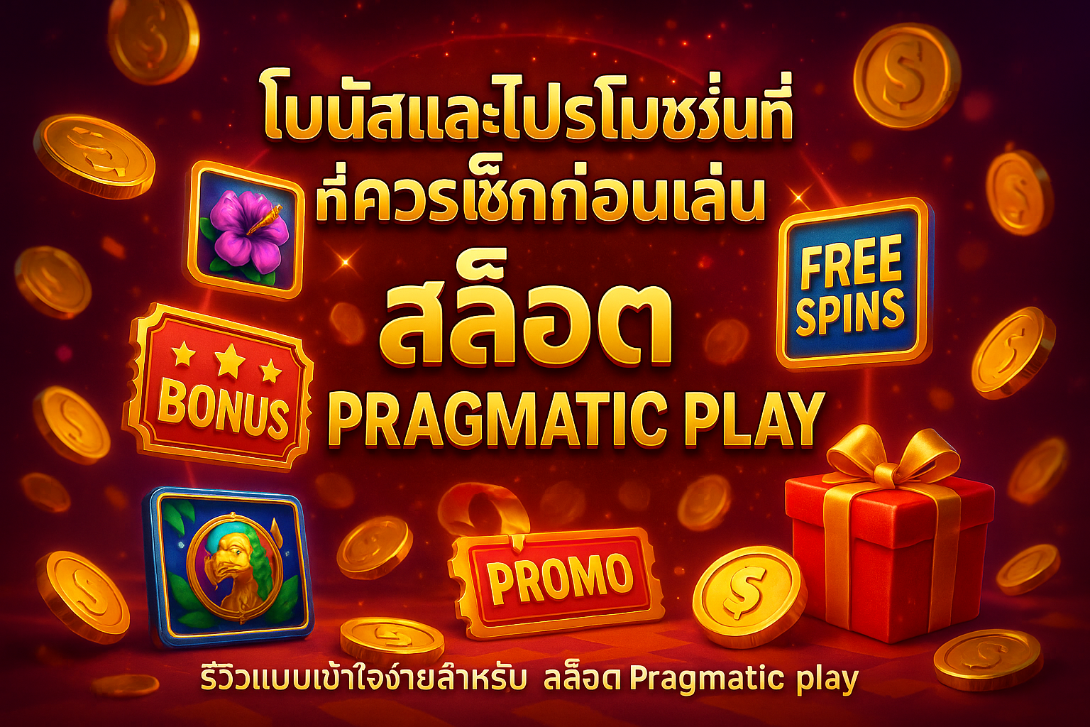 โบนัสและโปรโมชั่นที่ควรเช็กก่อนเล่น แบนเนอร์โปรโมชั่นแสดงโบนัสและโปรโมชั่นที่ควรเช็กสำหรับ สล็อต Pragmatic play เช่น ฟรีสปิน โบนัสฝาก และคูปอง พร้อมสัญลักษณ์ pp slot